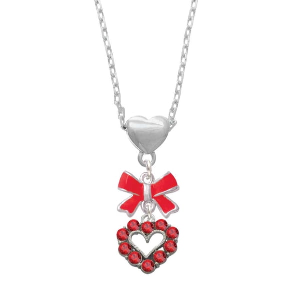 Delight Jewelry Silvertone Open Heart with Red Crystal Border Red Bow Heart Necklace