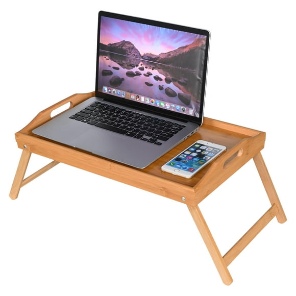 Bamboo Laptop Table Bed Tray, Portable Standing Bed Desk Lap Table Stand with Handles and Foldable Legs