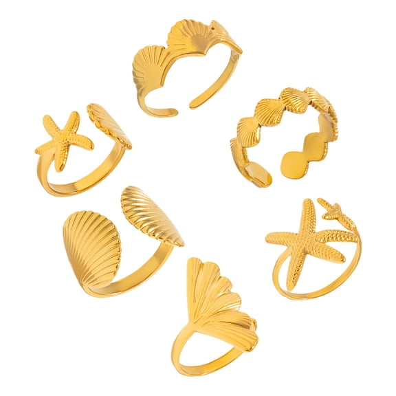 Oasiva 6 Piece Starfish Seashells Adjustable Rings Set Marine Jewelry Gift for Her Trendy Stackable Accessories for Women