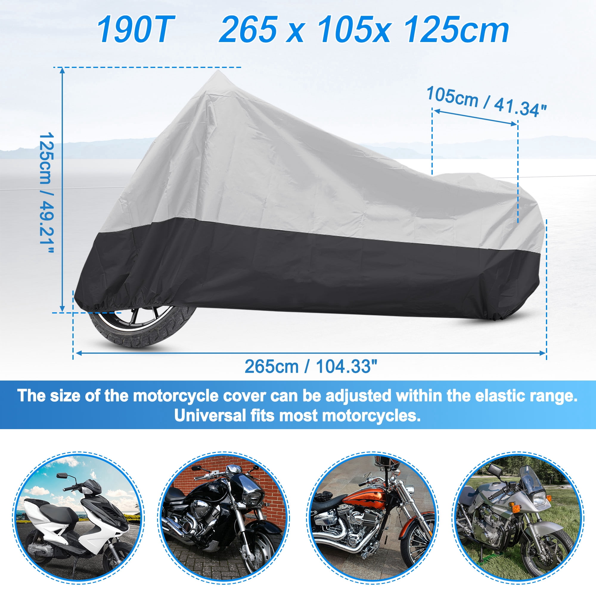 Unique Bargains 180T Motorcycle Cover Scooter Rain Dust UV Protector Silver Black XXL