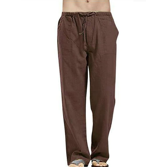 Men's Plus Size Linen Pants Casual Elastic Waist Drawstring with Pockets Solid Color Yoga Beach Trousers