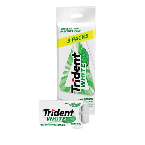 Trident White Sugar Free Gum, Spearmint, 3 Packs of 16 Regular Size Pieces (48 Total Pieces)