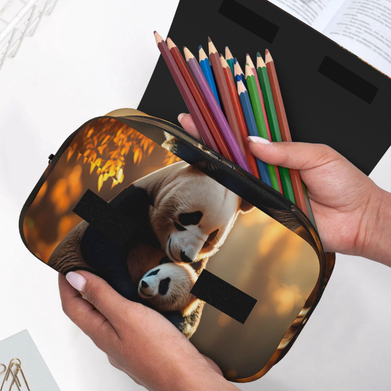 Rateoe Maple Forest Panda Pattern Double Clamshell Pen Case, Storage Organizer with Two Zipper Compartments– Holds Up to 50 Pencils & Pens