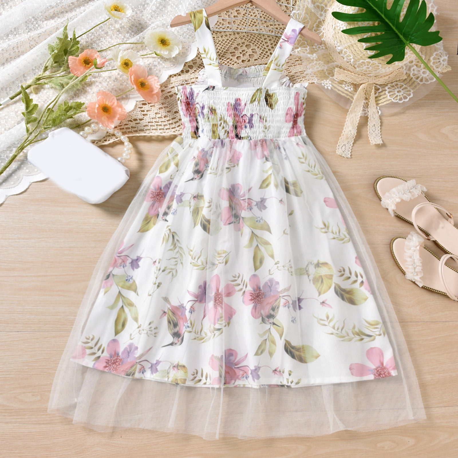 nsendm Girls Dress Big Kid Clothes Dress 4t Toddler Girls Sleeveless Floral Prints Princess Dress Dance Party Mesh Dresses Daily Use Dress for