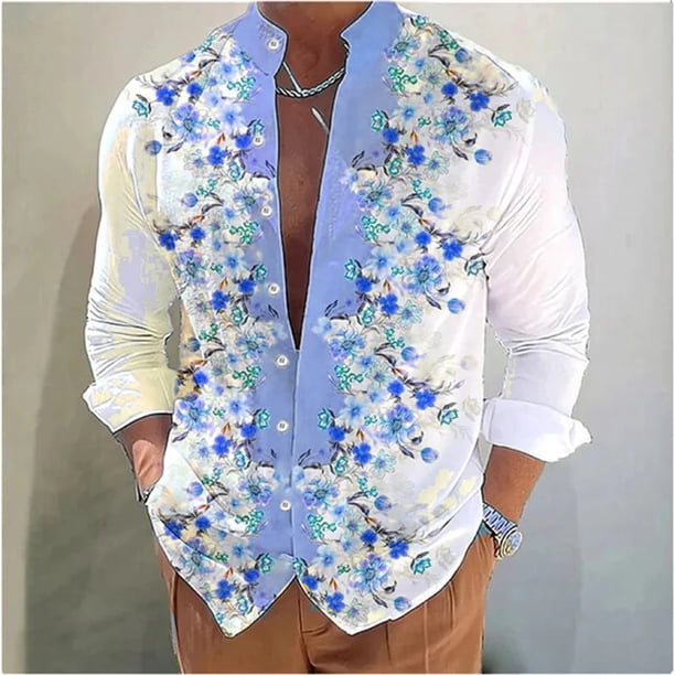Camisa de cuello alto para hombre con estampado digital 3D de flores, manga larga, botones, cómoda y suave, para primavera y verano