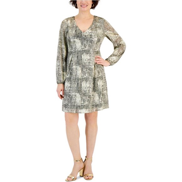 I.N.C Womens Foil Crinkle Shift Dress, gold, L