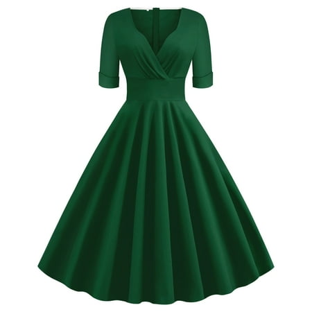 

Women Party Dress 1950s Retro Swing Dress Wrap Vneck Slim Short Sleeve Tea Dress Sexy High Waist Cocktail Dress
