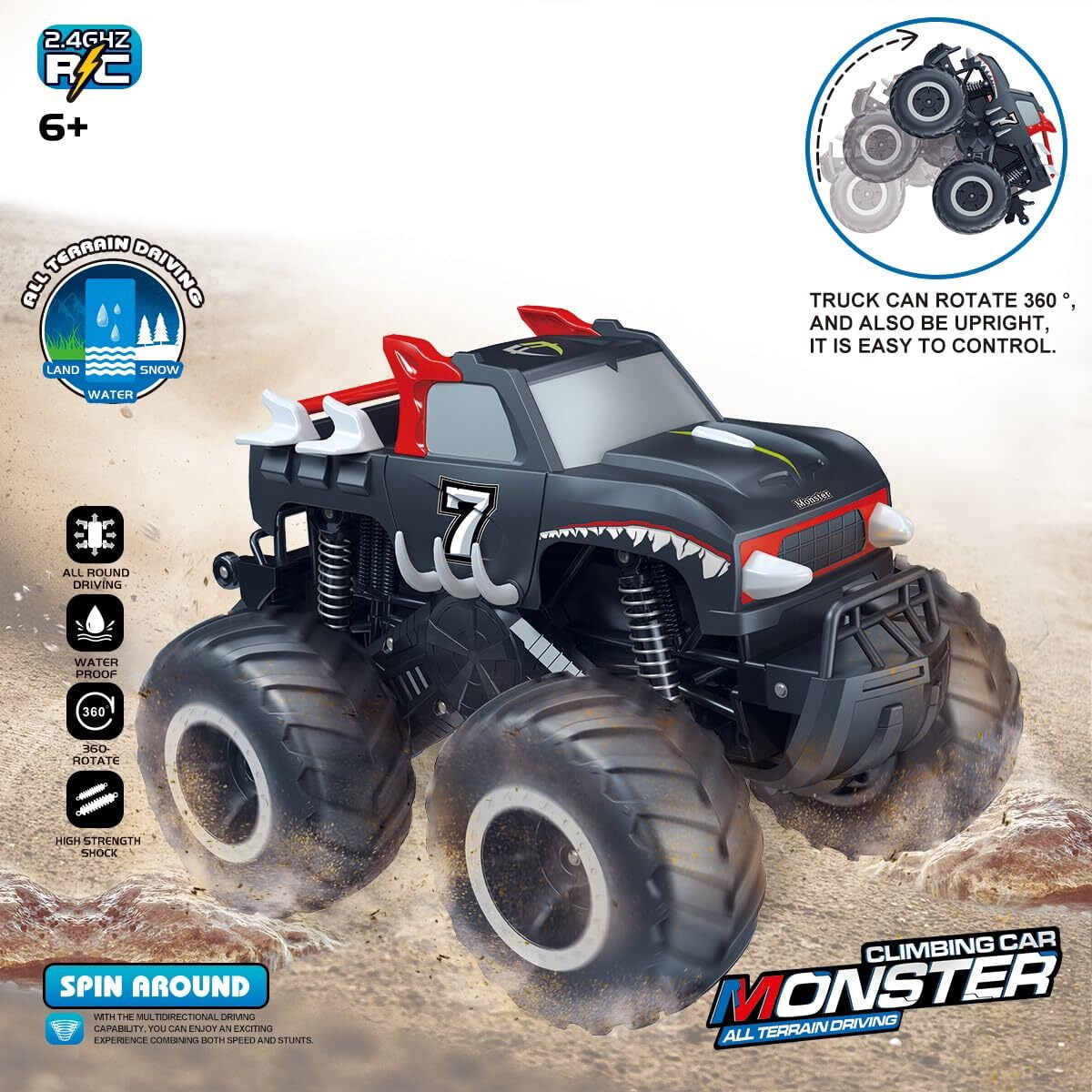 JBeeCtrl Remote Control Car Toys for Boys 1:16 2.4 GHz All Terrain Off-Road RC Truck Waterproof RC Monster Truck Christmas Birthday Gifts for Boys Girls Child Kids Ages 6+（Red）