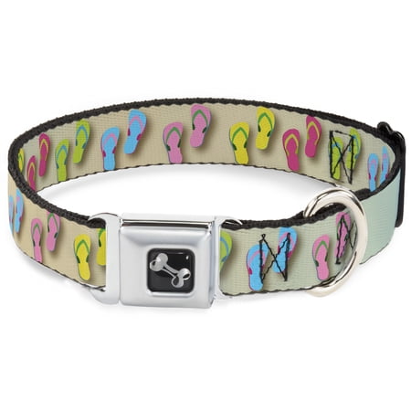 Buckle-Down Pet Collar, Dog Collar Metal Seatbelt Buckle, Flip Flops Lifes A Beach Tan Aqua White, 9.5 to 13 Inches 1.0 Inch Wide
