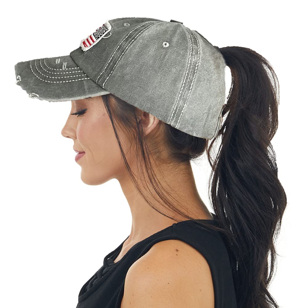 Distressed Ponytail Hat for Women American-Flag Pony Tail  display picture 3