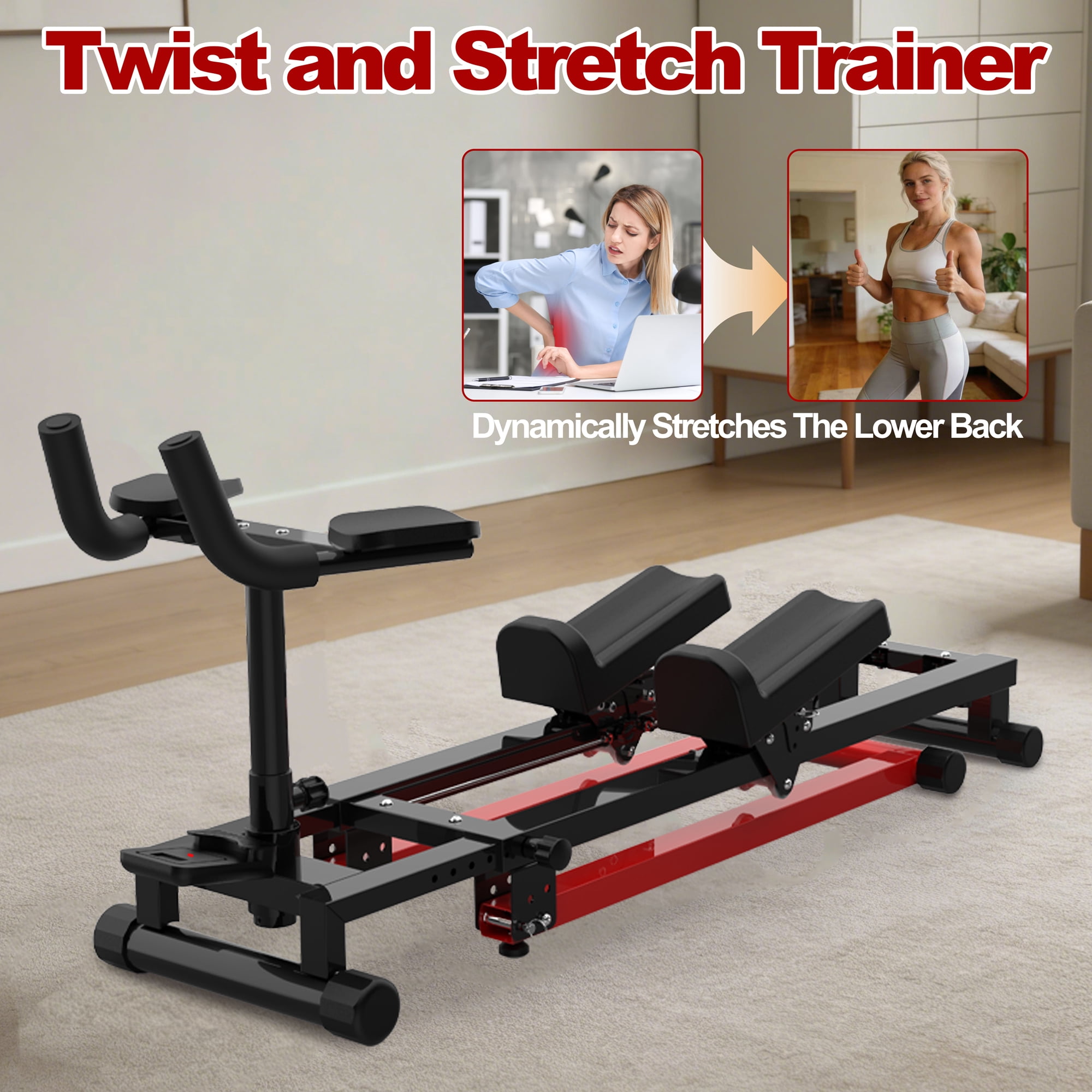 3-in-1 Spine Twist Stretcher and Stair Stepper and Waist Trainer, Adjustable Back Stretcher Machine for Lower Back Exercise, Core Activation Full Body Workout, Black+Red