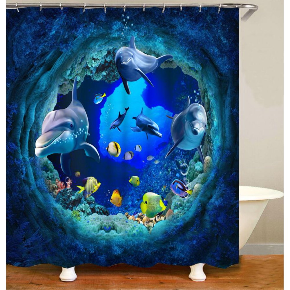 "Happyline" Dolphin Design Shower Curtain Sets, Nautical Ocean Shower