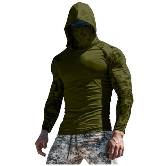APEXFWDT Men's Printed UPF Long Sleeve Hooded T-Shirt with Face Mask Lightweight Breathable Sun Protection Shirt,XL,Army Green