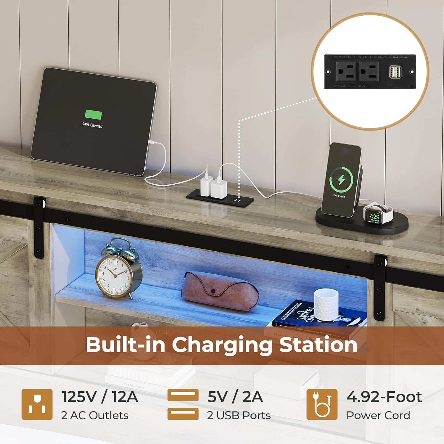 Farmhouse King Size Bed Frame with Charging Station & LED Lights,Wooden Platform King Beds with 4 Storage Drawers,Storage Headboard and Sliding Barn Door,Gray