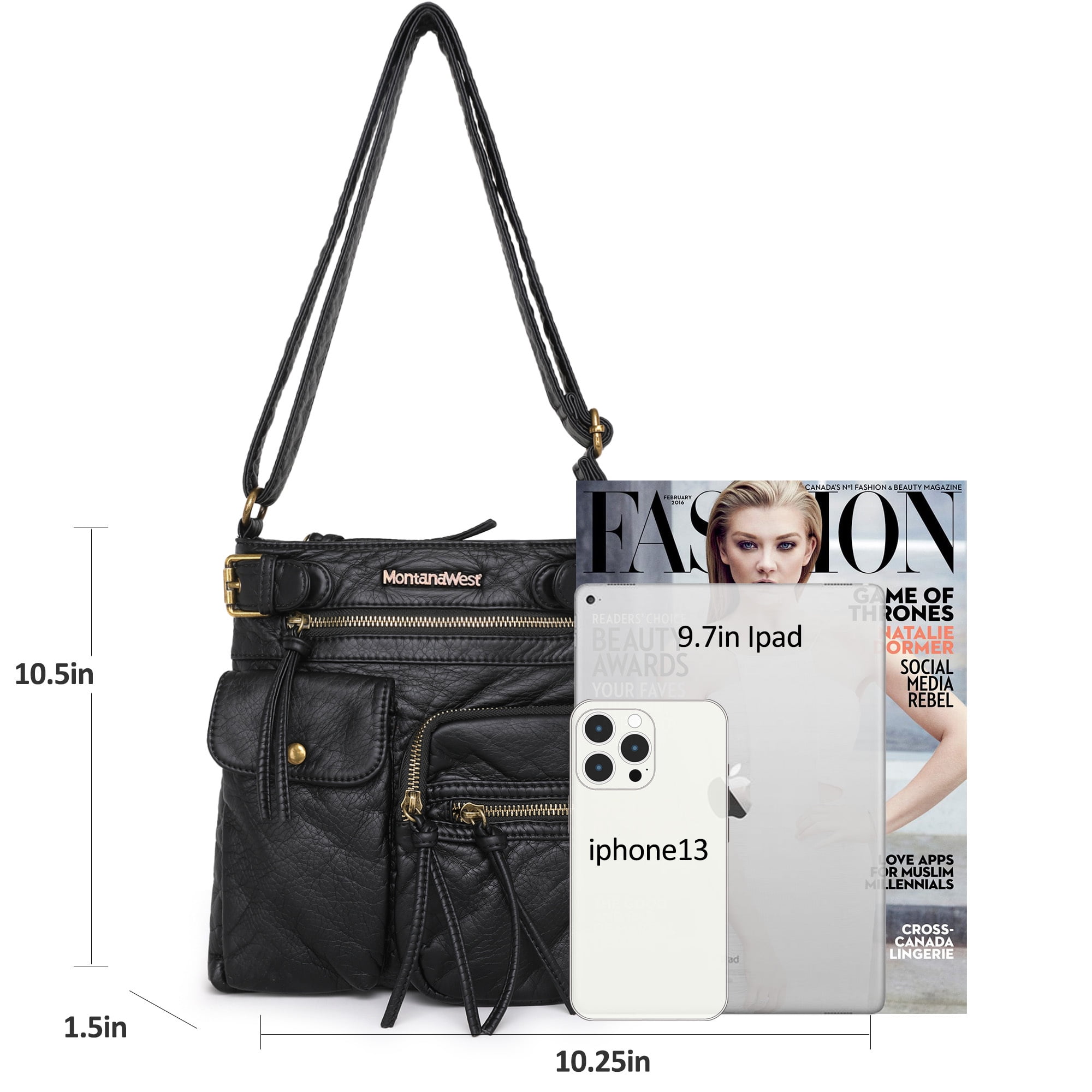 Montana West Crossbody Bag for Women Soft Washed Leather Multi Pocket Shoulder Purses, Black