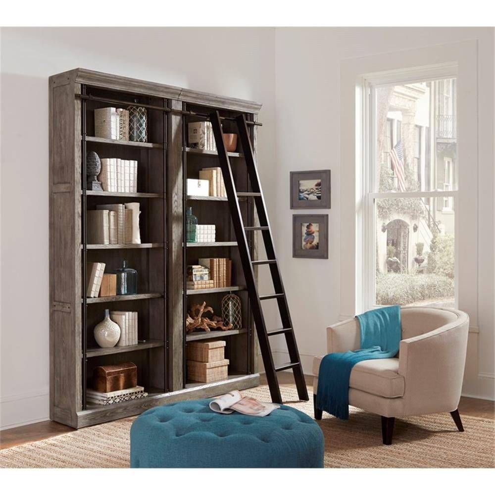 Pemberly Row 8' Tall Wood Bookcase Wall With Ladder Aged Office Bookcases - Gray