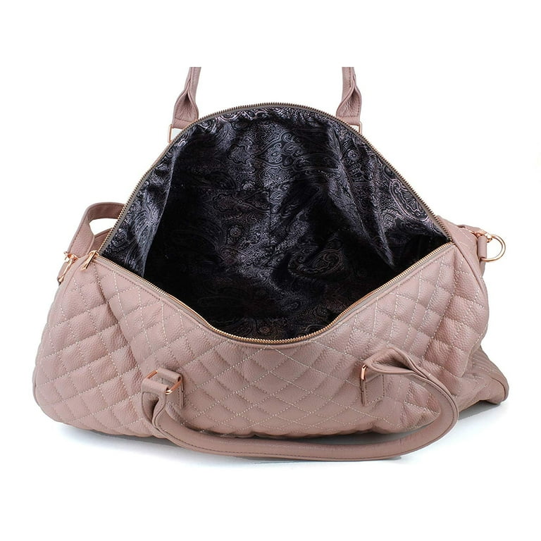 Women s Quilted Leather Weekender Travel Duffel Bag With Rose Gold Hardware Large 22