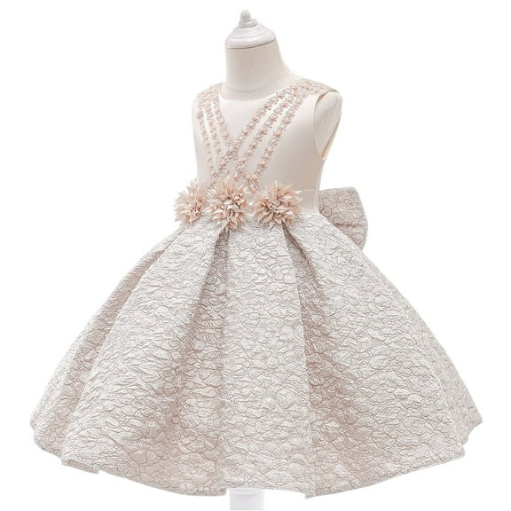 Sleeveless Flower Girl Dress Elegant Lace Tulle Formal Party Gown with Bow and Floral Appliques for Kids Children