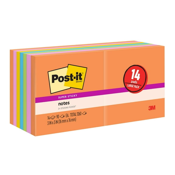 Post-it Super Sticky Notes , Energy Boost, 3 in x 3 in, 14 Pads