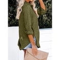 thumbnail image 2 of Blusa de jacquard de satén con cuello en V para mujer, blusa holgada informal con cuello vuelto y cierre de botones, blusas de manga larga, camisa verde S, 2 of 6