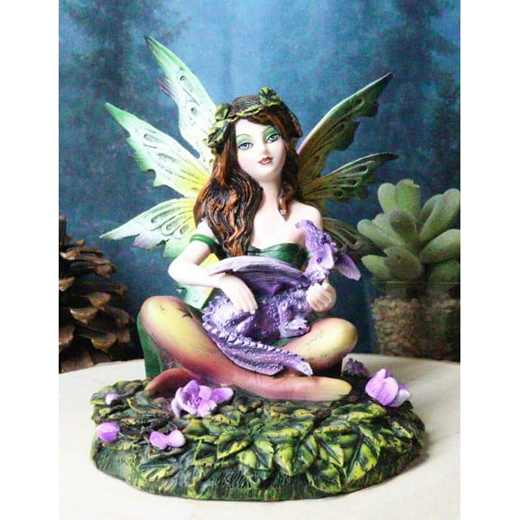 Ebros Green Gaia Earth Tribal Fairy With Purple Baby Dragon Wyrmling Figurine
