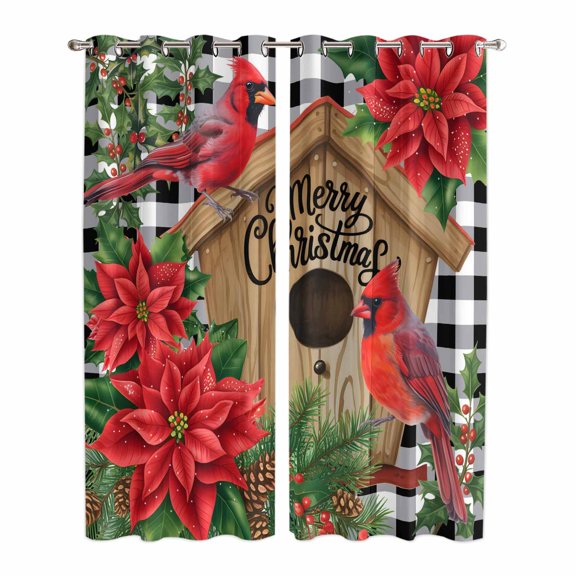 Christmas Kitchen Curtains Window Panels, Red Cardinal Bird Poinsettia Pine Needles Plaid Insulated Window Treatment Curtain, Grommet Curtains for Bedroom/Living Room/Bathroom, 2 Piece 42"Wx84"L