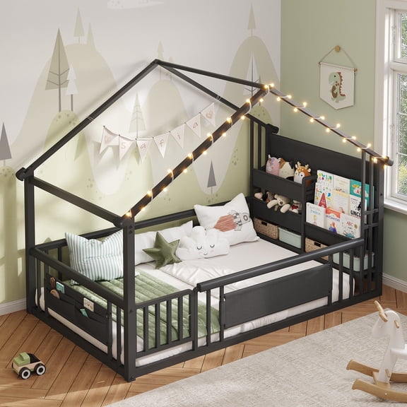 Twin Size Bed Frame with Montessori Storage Bookshelf, Globe String Lights, Door and High Rails, House Shaped Metal Floor Bed with Wood Slats&Side Pockets, Modern Platform Beds, Black