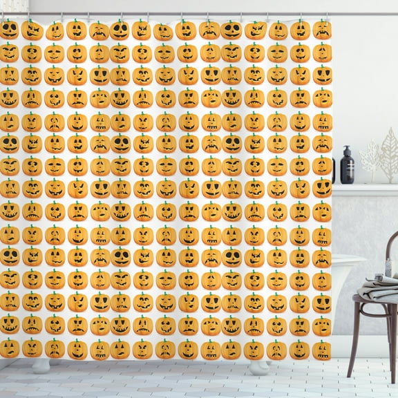 Ambesonne Autumn Pumpkin Shower Curtain, Jack O Lantern Faces, 69"Wx75"L, Jade Green Pale Orange
