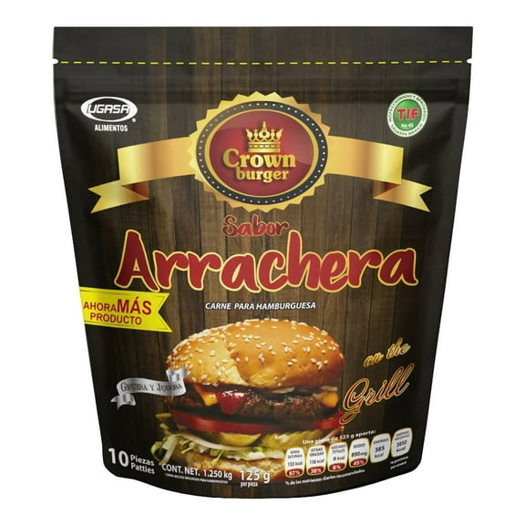 Carne para hamburguesa Crown Burger sabor arrachera 10 pzas 125 g c/u