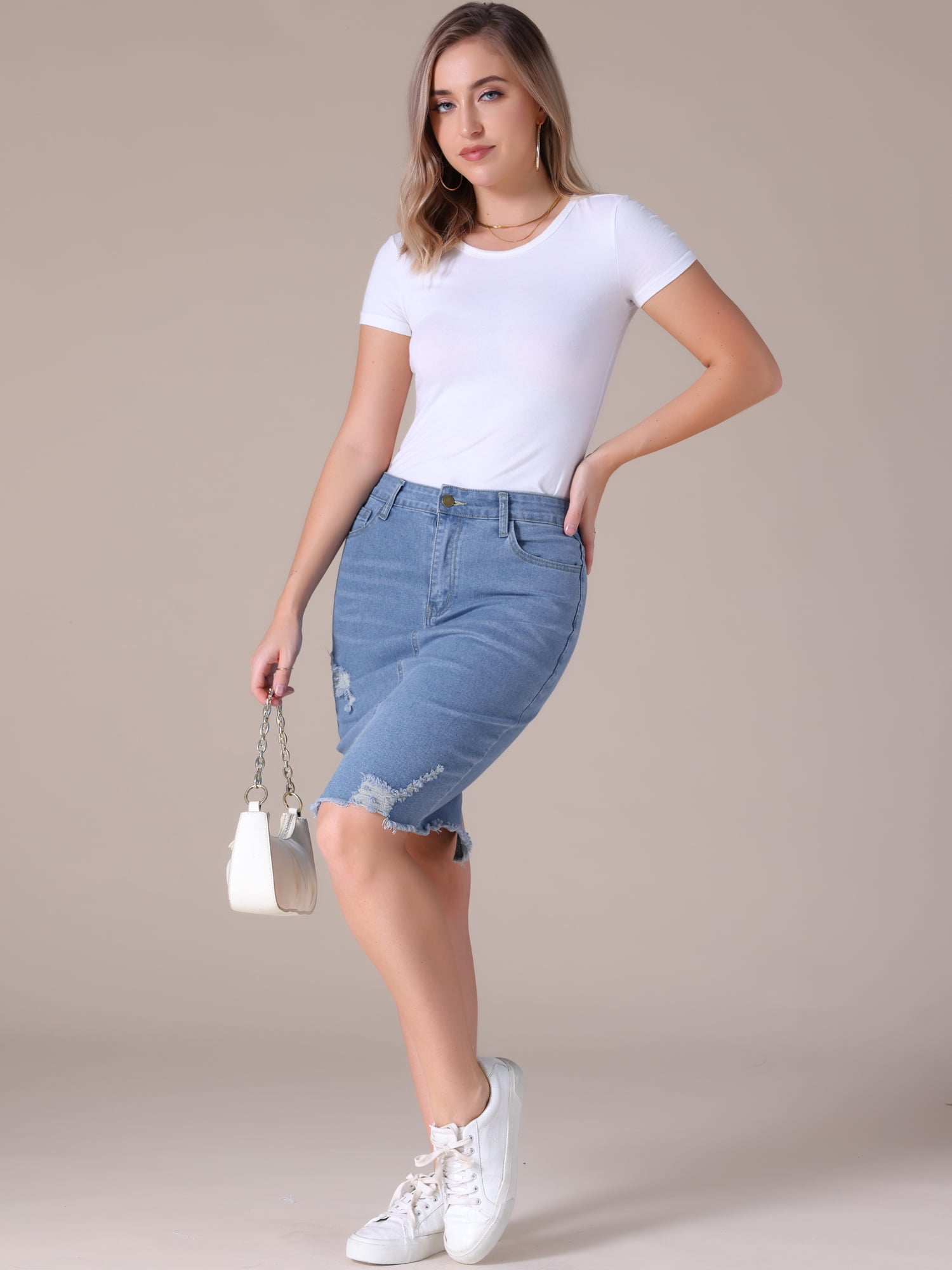 DARING DIVA Women's Denim Above the Knee Pencil Skirt XL Light Blue