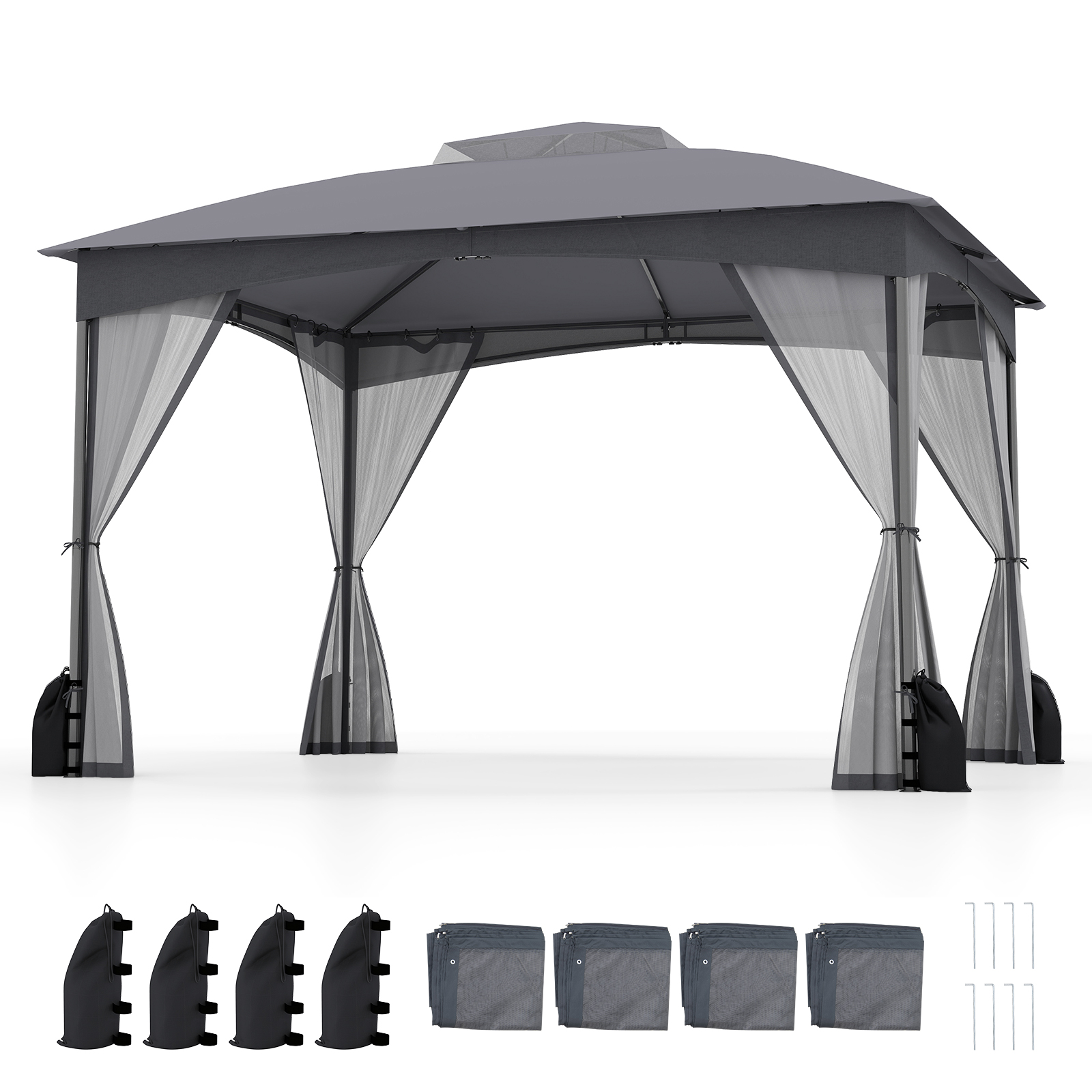 Gymax 10 x 12 FT Patio Gazebo w/ Netting Walls Soft Top Double Roof Canopy w/ 4 Sandbags