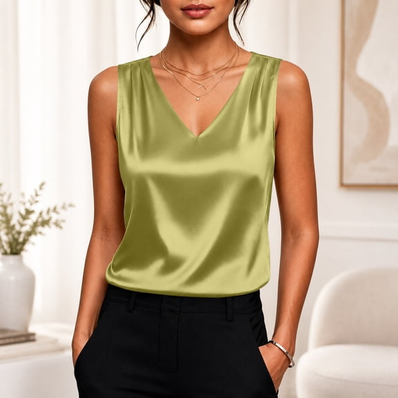 Womens Satin Tank Top Pleated Sleeveless Blouse Dressy Casual Crewneck Silk Shirts Business Summer Trendy Clothes 2XL