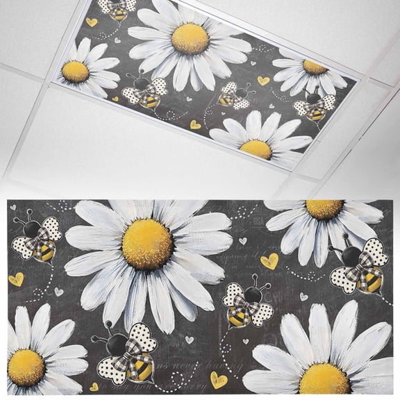 1 Pack Magnetic Fluorescent Light Covers, 2x4 Ft, Daisy Bee Farmhouse Flower Vintage Blackboard Background Magnetic Light Covers for Ceiling Lights Classroom Office Home Decor