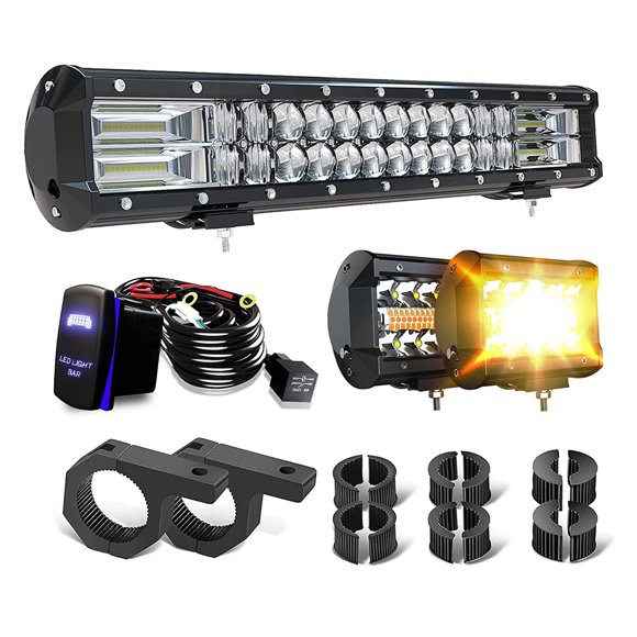 ASLONG Barre Lumineuse LED 20 Pouces Combo Faisceau Lumière Tout-Terrain + 2x 4 Pouces Blanc/ambre Jaune LED Pods Stroboscopiques + Pince Tube Support de Montage Drapeau UTV avec Fil pour Pickup 4WD
