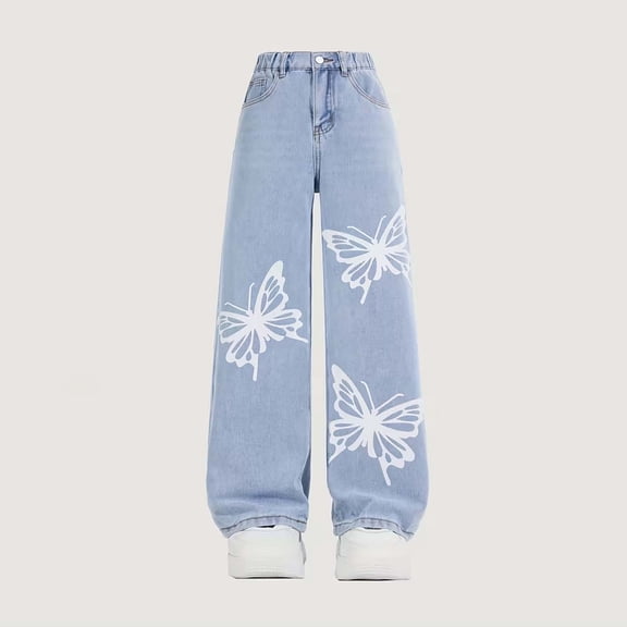 FYDUU Girls Baggy Jeans High Waist Casual Denim Pants Kids Stretch Jeans Stylish Straight Leg Trousers Comfortable Fit Denim Jeans Streetwear 13-14 Years