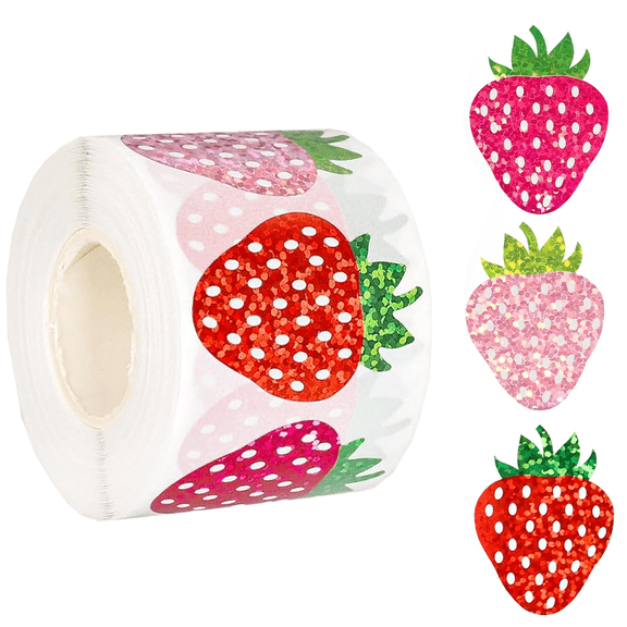 500 PCS 1.5" Glitter Holographic Strawberry Stickers Roll, 3 Colors Waterproof Self-Adhesive Fruit Decals for Party Supplies Scrapbook Envelope Decor