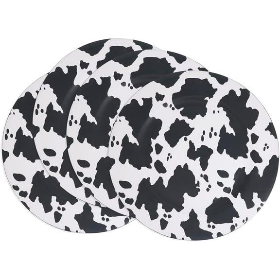 Fennco Styles Cow Pattern Decorative Charger Plates 13" Round, Set of 4 - Black & White Farmhouse Table Chargers for Home Entertaining, Special Events, and Dining Table Setting