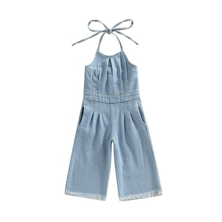 

TheFound Summer Kids Baby Girls Jumpsuits Denim Pants Strap Sleeveless Lace Up Bandage High Waist Wide Leg Pants