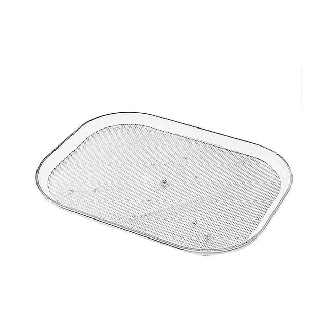 bandeja de almacenamiento para refrigerador, giratoria 360 grados, antideslizante, organizador para congelador, contenedor de almacenamiento para frutas y verduras, transparente bandeja rectangular redondeada de plástico (35 x 26 x 4.5 cm) con superficie lisa y patrón de perforaciones, borde elevado y ventosas visibles en la base para fijación; diseño bajo perfil ideal para estantes de refrigerador y para organizar frascos y condimentos.