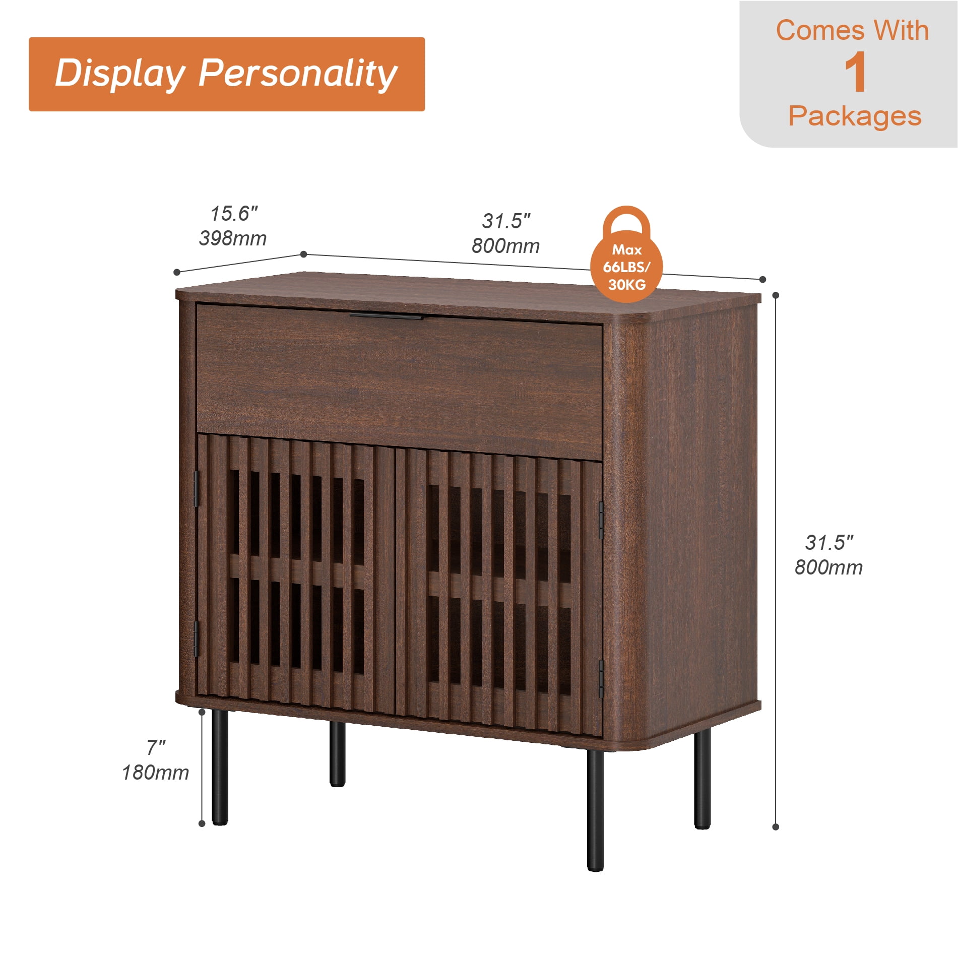 31.5" W 1-Drawer and 2-Door Fluted Sideboard with Adjustable Shelf, Walnut