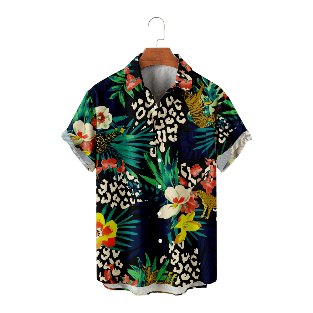 MLFU Teens Mens Hawaiian Flower Shirts Button Down Tropical Lapel Print