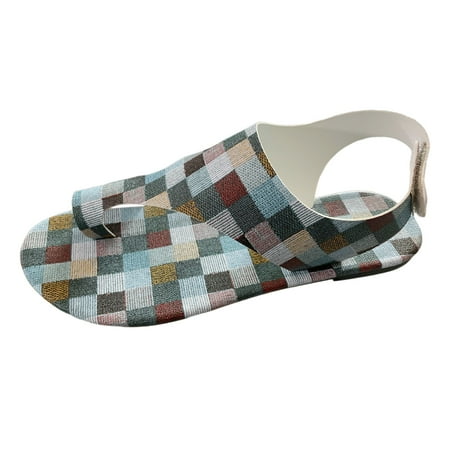 

PMUYBHF Women Sandals Size 11 Wide Width Ladies Summer Beach Flat Leisure Colourful Plaid Colorblocking Printed Set Toe Large Size Sandals Slippers