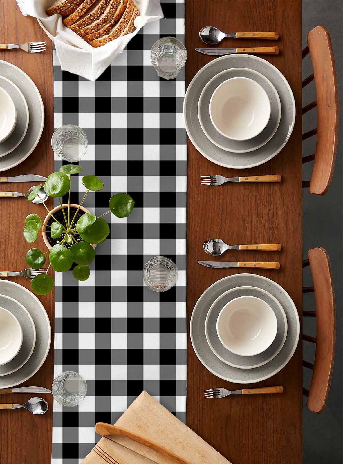 Black White Plaid Burlap Cotton Table Runner 13x120 Inches Long, Gradient Geometric Buffalo Checkered Farmhouse Table Runners, Outdoor Dining Tablecloths Decor for Baby Shower/Party/Wedding