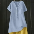 thumbnail image 3 of Linen Top, Yigetop Linen Blouse Summer Beach Short Sleeve V Neck Button Down Top Casual Tunic Loose Shirt 2025 Linen Tops for Women Light Blue L, 3 of 4