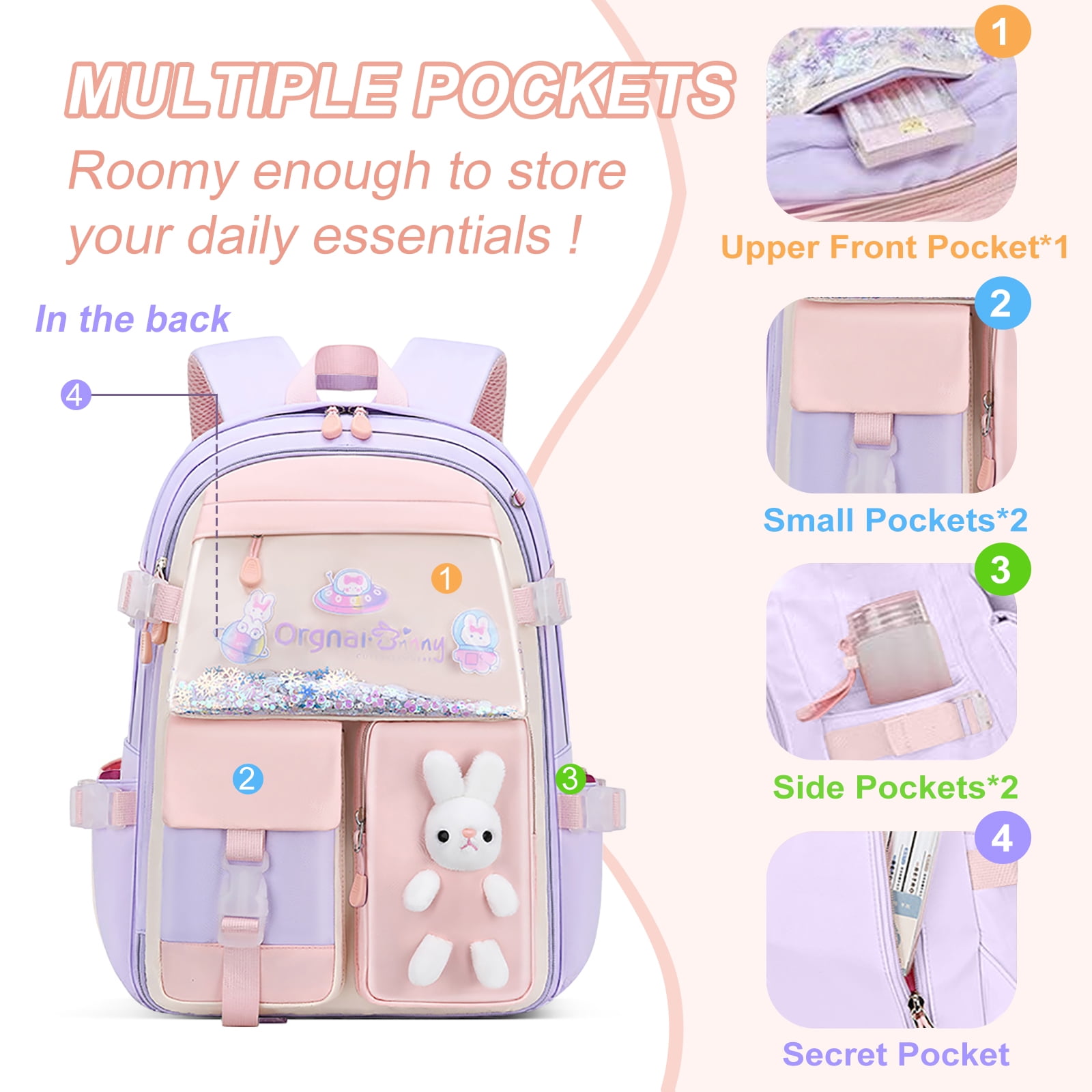 SANMADROLA Backpacks Bunny School Backpack Cute Backpack Laptop Bag School Bookbag, Pruple