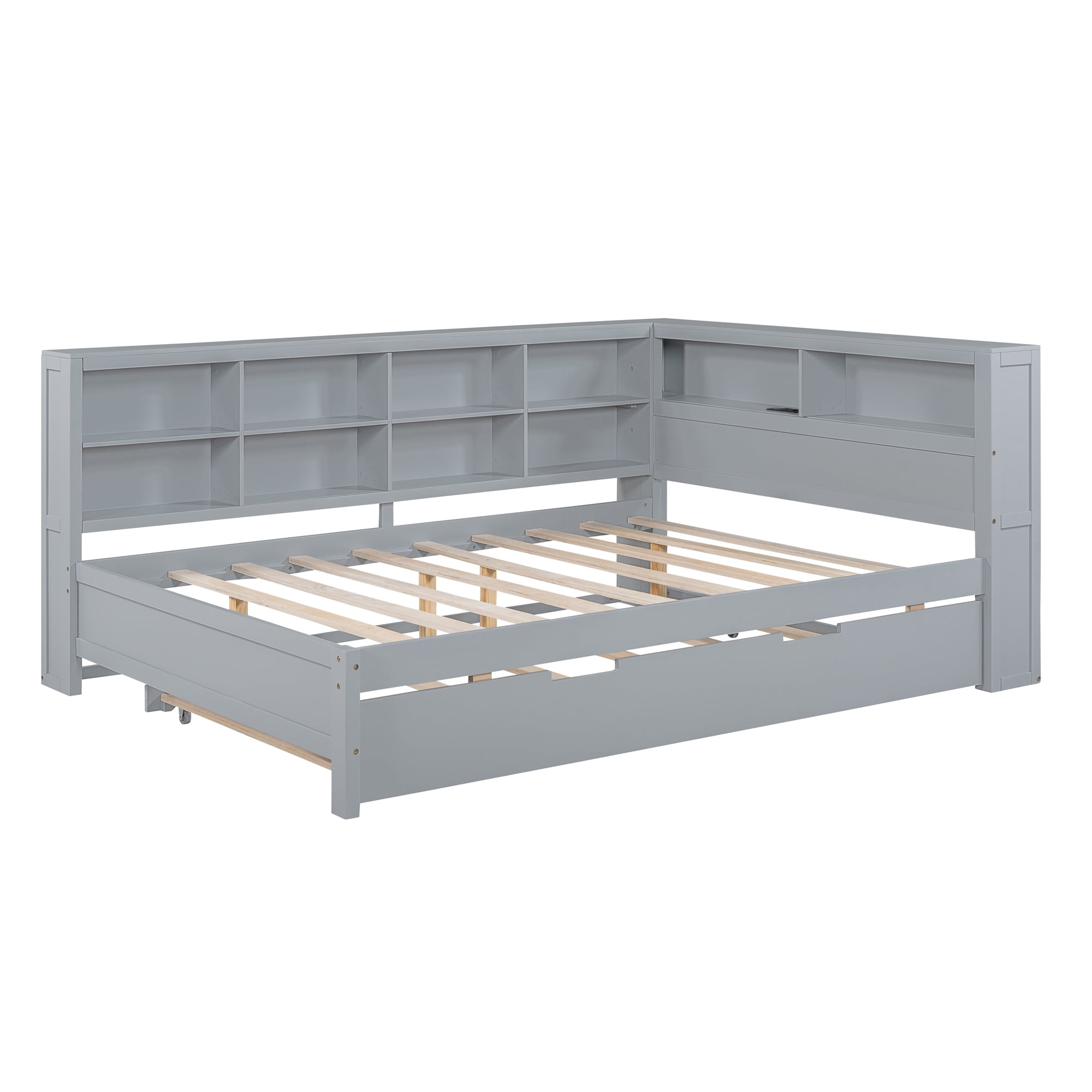 Mintazer Modern Full Daybed Frame with Twin Trundle, Charging Station & Shelves for Bedroom, Grey