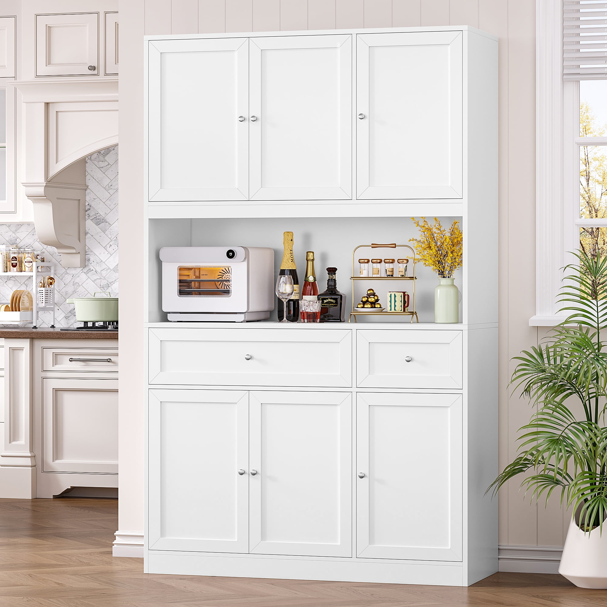 Homfa 72" Tall Kitchen Pantry with Microwave Shelf, Freestanding Kitchen Cupboard, Floor Cabinet for Dining Room, White