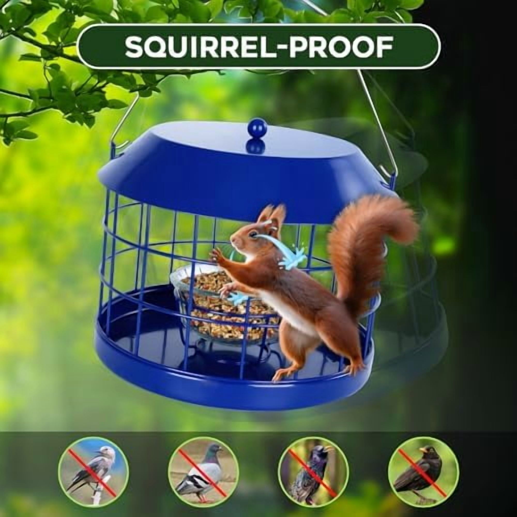 Caged Bluebird Feeder for Mealworms with Glass Bowl, Squirrel Proof Bird Feeder for Small Birds Only, Detachable Hook, Large Space, Outdoors Weatherproof, Metal, Blue
