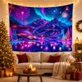 thumbnail image 3 of Neon Mountain Resort under Aurora and Fireworks, Dreamy Fantasy for Travel Lovers, Celebration Landscape Art, New Home Gift, Tapestry Wall Hanging for Living Room and Studio, 3 of 7