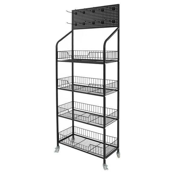 Wildnix Multi-Tier Retail Display Rack with 4 Tiers, Hooks,   Wheels, and Elevated Guardrails for Organized and Stylish Store Display